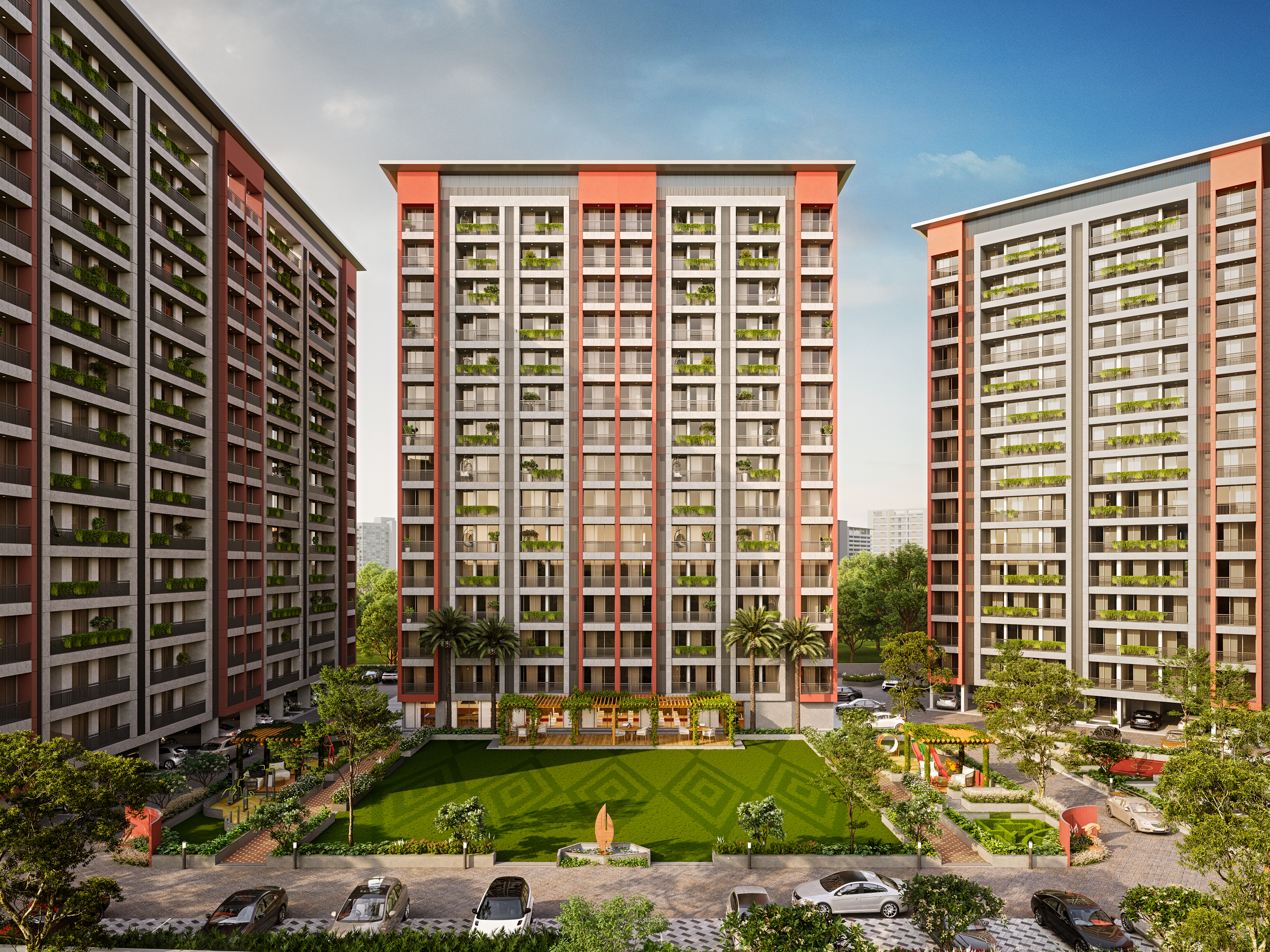Sarthi Heights apartment complex courtyard Ankleshwar
